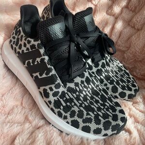Brand New Adidas Black and White Sneakers with Leopard Design Women's 8.5